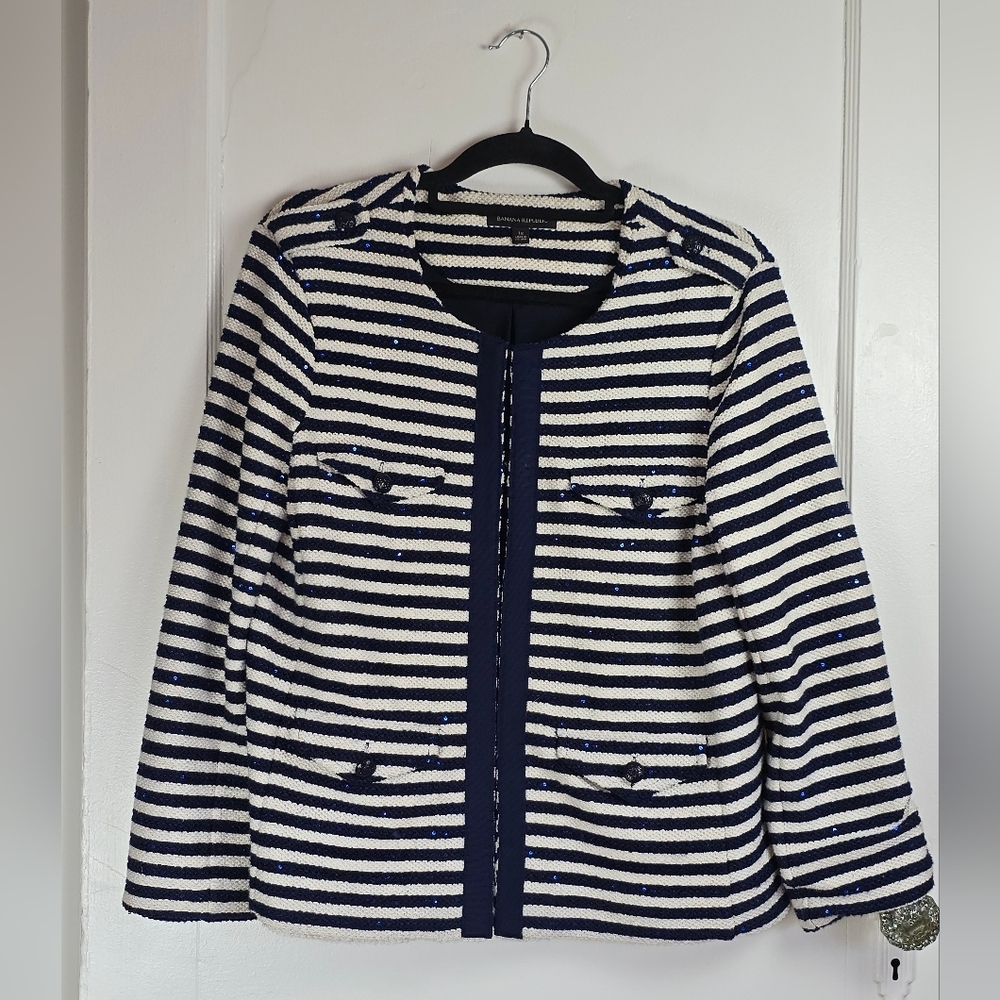 Banana Republic Blue and White Striped Tweed Preppy Coastal Nautical Jacket 12